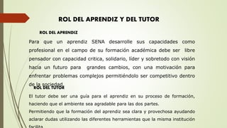ROL DEL APRENDIZ Y DEL TUTOR
Para que un aprendiz SENA desarrolle sus capacidades como
profesional en el campo de su formación académica debe ser libre
pensador con capacidad critica, solidario, líder y sobretodo con visión
hacia un futuro para grandes cambios, con una motivación para
enfrentar problemas complejos permitiéndolo ser competitivo dentro
de la sociedad.
ROL DEL APRENDIZ
ROL DEL TUTOR
El tutor debe ser una guía para el aprendiz en su proceso de formación,
haciendo que el ambiente sea agradable para las dos partes.
Permitiendo que la formación del aprendiz sea clara y provechosa ayudando
aclarar dudas utilizando las diferentes herramientas que la misma institución
 