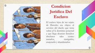 Condicion
Juridica Del
Esclavo
El esclavo lejos de ser sujeto
de Derecho era objeto al
servicio del dueño que tenia
sobre el la dominica potestad
y que llega alcanzar derechos
absolutos tales como:
matarlos, castigarlos,
enajenarlo y abandonarlos
8
 
