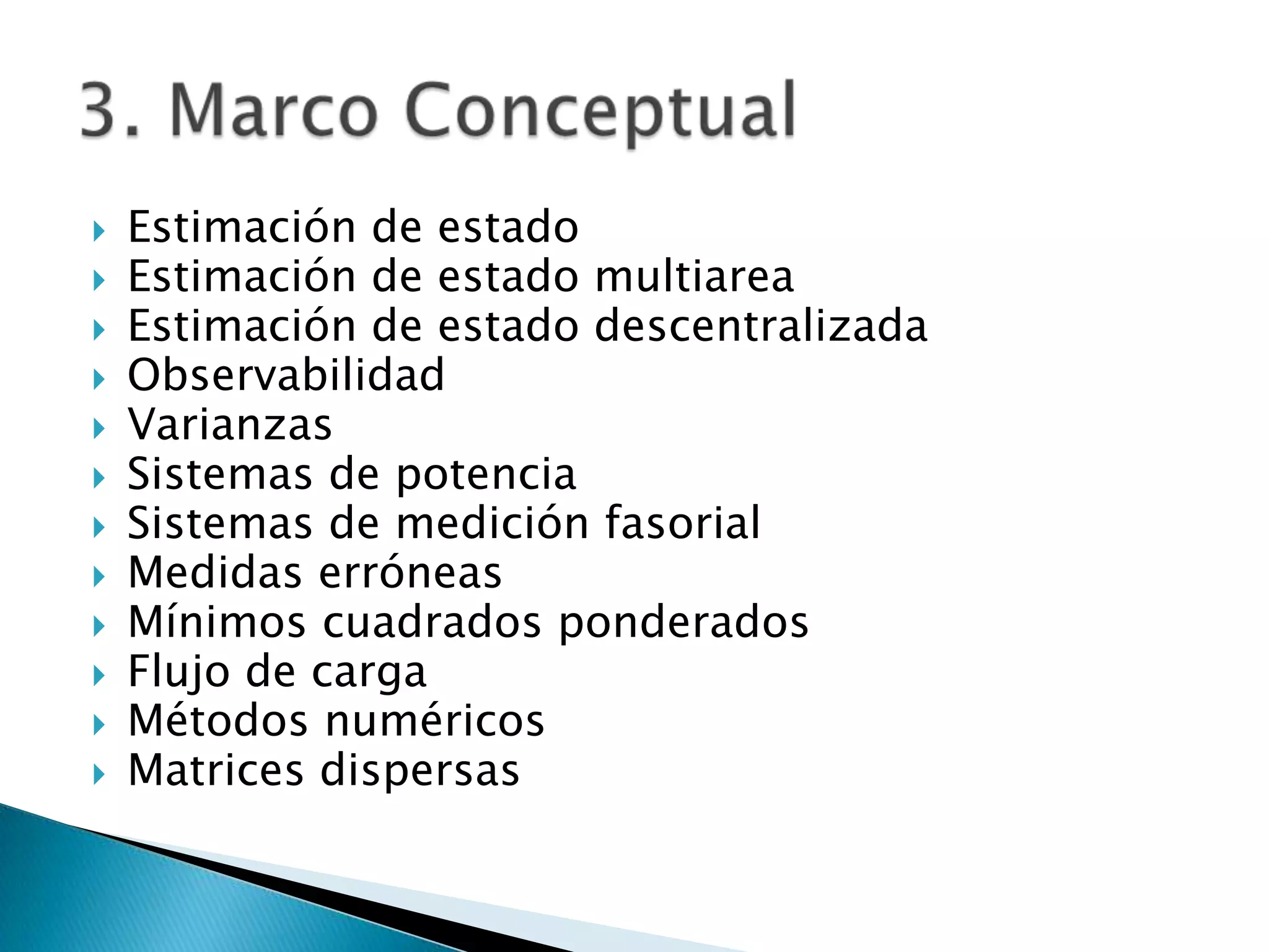    Estimación de estado
   Estimación de estado multiarea
   Estimación de estado descentralizada
   Observabilidad
   Varianzas
   Sistemas de potencia
   Sistemas de medición fasorial
   Medidas erróneas
   Mínimos cuadrados ponderados
   Flujo de carga
   Métodos numéricos
   Matrices dispersas
 