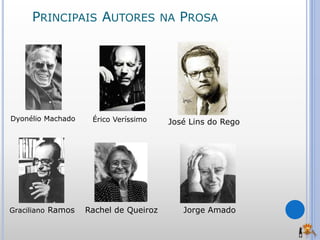 Graciliano Ramos Rachel de Queiroz Jorge Amado
José Lins do RegoÉrico VeríssimoDyonélio Machado
PRINCIPAIS AUTORES NA PROSA
 