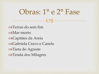 
Terras do sem fim
Mar morto
Capitães da Areia
Gabriela Cravo e Canela
Tieta do Agreste
Tenda dos Milagres
Obras: 1° e 2° Fase
 