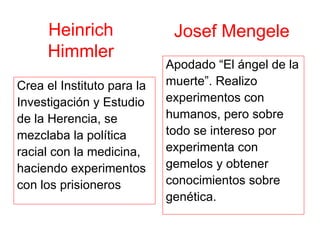 Heinrich Himmler Crea el Instituto para la  Investigación y Estudio  de la Herencia, se  mezclaba la política  racial con la medicina,  haciendo experimentos  con los prisioneros Apodado “El ángel de la  muerte”. Realizo  experimentos con  humanos, pero sobre  todo se intereso por  experimenta con  gemelos y obtener  conocimientos sobre  genética. Josef Mengele   