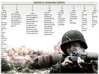 MARISCAL HERMANN GÖRING
1893
Nació
en
Rosenhe
im,
Bavaria,
el 12 de
Enero
de
1922
En
diciemb
re
Hitler lo
nombro
comand
ante de
los
Camisas
pardas
1932
El 31 de
Julio fue
nombrado
presidente
del
Reichtag.
1935
El 01 de
Marzo
,fue
nombrado
comandan
te de la
Luftwaffe
1939
El 30 de
Agosto, fue
nombrado
Presidente del
consejo de
Reichmpara la
defensa ncional
y designado
oficialmente
sucesor de
Hitler el 01 de
septiembre
1934
cometio muchos
errores llegados a
prohibirle al
general Galland a
reportar los
escuadrones de
bombardero s
alados que cada
vez se adentraban
mas en Alemania
1945
El 9 de Mayo ,
fue capturado
por los aliados y
enjuiciado en
Nuremberg por
crimenes de
guerra
1946
El 15 de
Octubre
de 1946,
Herman
n
Goering,
utilizand
o una
capsula
de
veneo
que
logro
esconde
r en sus
ropa
durante
su
captura,
cometio
suicidio
por
envenen
a miento
en su
celda en
Nuremb
er
 