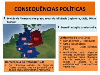  Divisão da Alemanha em quatro zonas de influência (Inglaterra, URSS, EUA e
França)
CONSEQUÊNCIAS POLÍTICAS
 Desmilitarização da Alemanha.
Conferência de Ialta 1945:
 EUA (Franklin D. Roosevelt)
 URSS (Josef Stalin),
 Reino Unido (Winston
Churchill)
 reuniram-se em segredo
em Ialta (Crimeia) assinam
os acordos cujos objetivos
são de assegurar um fim
rápido à guerra e a
estabilidade do mundo após a
vitória final.
Conferência de Potsdam 1945:
 Os vitoriosos aliados da Segunda
Guerra Mundial, que se juntaram para
decidir como administrar a Alemanha
 