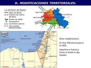 Consecuencias de la Segunda Guerra MundialA. DEMOGRÁFICAS:Más de 60 millones de muertos, en su gran mayoría civiles. De estos, 22 millones fueron rusos, 8 millones de alemanes y 6 millones de polacos.Dentro de estas víctimas hay que considerar el Holocausto judío (casi 6 millones de judíos asesinados por los nazis en campos de concentración) y el genocidio de casi dos millones de chinos a manos de los japoneses.