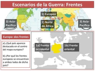 Escenarios de la Guerra: Frentes
1) Europeo
2) Norte
de África
3) Asia-
Pacífico
3) Asia-
Pacífico
Europa: dos frentes
1a) Frente
occidental
1b) Frente
oriental
a) ¿Qué país aparece
destacado en el centro
del mapa europeo?
b) ¿Por qué los frentes
europeos se encuentran
a ambos lados de dicho
país?
 