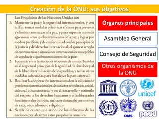 Creación de la ONU: sus objetivos
Órganos principales
Asamblea General
Consejo de Seguridad
Otros organismos de
la ONU
 