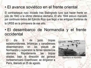 El avance soviético en el frente orientalEl contraataque ruso iniciado tras Stalingrado tuvo que hacer frente en julio de 1943 a la último ofensiva alemana.El año 1944 estuvo marcado por continuos éxitos del Ejército Rojo que llegó a las antiguas fronteras de la URSS en la primavera de ese año.El desembarco de Normandía y el frente occidentalEl día 6 de junio tropas estadounidenses, británicas y canadienses desembarcaron en las playas de Normandía y superaron la férrea resistencia alemana. Rápidamente las tropas aliadas, bajo la dirección del general norteamericano Eisenhower, se dirigieron a París, liberado el 25 de agosto. Desembarco de Normandía