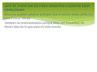 ¿Qué se puede hacer para resolver o reducir esos
problemas?
Ahora se pueden adoptar animales que si uno les tiene cariño los
podrá hacer felices
También no maltratándolos porque ellos son inocentes, no
tienen idea de lo que pasa en este mundo
 