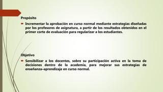 Propósito
 Incrementar la aprobación en curso normal mediante estrategias diseñadas
por los profesores de asignatura, a partir de los resultados obtenidos en el
primer corte de evaluación para regularizar a los estudiantes.
Objetivo
 Sensibilizar a los docentes, sobre su participación activa en la toma de
decisiones dentro de la academia, para mejorar sus estrategias de
enseñanza–aprendizaje en curso normal.
 