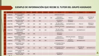 N MATRICULA NOMBRE GRUPO ASIGN1 ASIGN2 ASIGN3 ASIGN4 ASIGN1 ASIGN2 ASIGN3 ASIGN4
1 21586326I
BAUTISTA FRANCO
TONANZIN
554 109 CIENCIAS SOCIALES I
2 21689756A
CASTRO ALONSO
RODRIGO
554 203 205 209 309
LENGUAJE Y
COMUNICACIÓN II
FÍSICA II
CIENCIAS
SOCIALES II
HISTORIA DE
MÉXICO I
3 21672148I
GALLEGOS SAUZA
BLANCA ZOE
554 309 436
HISTORIA DE
MÉXICO I
SERVICIO A
USUARIOS
4 21692778D
GARCÍA GARCÍA
JIMENA
554 202 304 305 436
TEC.DE LA INF.Y
COMUNICACIÓN II
MATEMÁTICAS III FÍSICA III
SERVICIO A
USUARIOS
5 21688477A
GARCÍA LÓPEZ EDSON
IAN
554 209 304 305 404
CIENCIAS SOCIALES
II
MATEMÁTICAS III FÍSICA III MATEMÁTICAS IV
6 21692763B
GONZÁLEZ SALAZAR
ALEXA PAOLA
554 102 305 404
TEC.DE LA INF.Y
COMUNICACIÓN I
FÍSICA III MATEMÁTICAS IV
7 21688337A
HERNÁNDEZ
HERNÁNDEZ SANDRA
VIANEY
554 436
SERVICIO A
USUARIOS
8 21688014H
HERNÁNDEZ MARTÍNEZ
MARÍA FERNANDA
554 203 209 436
LENGUAJE Y
COMUNICACIÓN II
CIENCIAS SOCIALES
II
SERVICIO A
USUARIOS
9 21586942I
HERNÁNDEZ TORRES
URIEL
554 204 303 304 MATEMÁTICAS II
LENGUA Y
LITERATURA I
MATEMÁTICAS III
10 21586771A
HERNÁNDEZ VEGA
PABLO EFRAIN
554 112
ACTIVIDADES FÍSICAS
Y DEPORTIVAS I
11 21692779G
JIMÉNEZ SALAZAR
DANIELA
554 212 304 309 404
ACTIVIDADES FÍSICAS
Y DEPORTIVAS II
MATEMÁTICAS III
HISTORIA DE
MÉXICO I
MATEMÁTICAS IV
12 21586985F
LEYVA ORTÍZ LUIS
DANIEL
554
13 21587162F
MARTÍNEZ GARCÍA
PAOLA SELENE
554 409
HISTORIA DE
MÉXICO II
EJEMPLO DE INFORMACIÓN QUE RECIBE EL TUTOR DEL GRUPO ASIGNADO
 