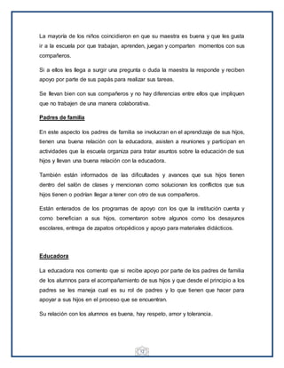 12
La mayoría de los niños coincidieron en que su maestra es buena y que les gusta
ir a la escuela por que trabajan, aprenden, juegan y comparten momentos con sus
compañeros.
Si a ellos les llega a surgir una pregunta o duda la maestra la responde y reciben
apoyo por parte de sus papás para realizar sus tareas.
Se llevan bien con sus compañeros y no hay diferencias entre ellos que impliquen
que no trabajen de una manera colaborativa.
Padres de familia
En este aspecto los padres de familia se involucran en el aprendizaje de sus hijos,
tienen una buena relación con la educadora, asisten a reuniones y participan en
actividades que la escuela organiza para tratar asuntos sobre la educación de sus
hijos y llevan una buena relación con la educadora.
También están informados de las dificultades y avances que sus hijos tienen
dentro del salón de clases y mencionan como solucionan los conflictos que sus
hijos tienen o podrían llegar a tener con otro de sus compañeros.
Están enterados de los programas de apoyo con los que la institución cuenta y
como benefician a sus hijos, comentaron sobre algunos como los desayunos
escolares, entrega de zapatos ortopédicos y apoyo para materiales didácticos.
Educadora
La educadora nos comento que si recibe apoyo por parte de los padres de familia
de los alumnos para el acompañamiento de sus hijos y que desde el principio a los
padres se les maneja cual es su rol de padres y lo que tienen que hacer para
apoyar a sus hijos en el proceso que se encuentran.
Su relación con los alumnos es buena, hay respeto, amor y tolerancia.
 