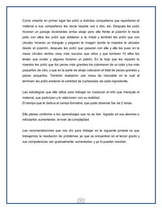 21
Como enseña en primer lugar les pidió a distintos compañeros que repartieran el
material a sus compañeros les decía reparte uno o dos, etc. Después les pidió
hicieran un paisaje diciéndoles arriba abajo pero ella frente al pizarrón lo hacía
junto con ellos les pidió que doblaran a la mitad y también les pidió que con
círculos hicieran un triángulo y pegaran la imagen donde la maestra la ubicaba
desde el pizarrón, después les pidió que pasaran con ella y ella les puso en la
mesa círculos verdes unos más oscuros que otros y que tomaran 10 ellos los
tenían que contar y algunos hicieron un patrón. En la hoja que les repartió la
maestra les pidió que los peces más grandes los colorearan de un color y los más
pequeños de otro, y que en la parte de abajo colocaran el total de peces grandes y
peces pequeños. También realizaron una masa de chocolate en la cual al
terminan les pidió anotaran la cantidad de cucharadas de cada ingrediente.
Las estrategias que ella utiliza para trabajar es involucrar al niño que manipule el
material, que participen y lo relacionen con su realidad.
El tiempo que le dedica al campo formativo que pude observar fue de 2 horas.
Ella planea conforme a los aprendizajes que no se han logrado en sus alumnos o
reforzarlos aumentando el nivel de complejidad
Las recomendaciones que nos dio para trabajar en la siguiente jornada es que
trabajemos la resolución de problemas ya que se encuentran en el tercer grado y
sus competencias van gradualmente aumentadas y ya lo pueden resolver.
 