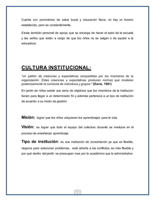 6
Cuenta con promotores de salud bucal y educación física, no hay un horario
establecido, pero es constantemente.
Existe también personal de apoyo que se encarga de hacer el aseo de la escuela
y las seños que están a cargo de que los niños no se salgan o de ayudar a la
educadora.
CULTURA INSTITUCIONAL:
"un patrón de creencias y expectativas compartidas por los miembros de la
organización. Estas creencias y expectativas producen normas que modelan
poderosamente la conducta de individuos y grupos." (Davis, 1981)
En jardín de niños existe una serie de objetivos que los miembros de la institución
tienen para llegar a un determinado fin y además pertenece a un tipo de institución
de acuerdo a su modo de gestión.
Misión: lograr que los niños adquieran los aprendizajes para la vida.
Visión: es lograr que todo el equipo del colectivo docente se involucre en el
proceso de enseñanza aprendizaje.
Tipo de institución: es una institución de concertación ya que es flexible,
negocia para solucionar problemas, está abierta a los conflictos, es más flexible y
por qué dentro del jardín se preocupan mas por lo académico que lo administrativo
 