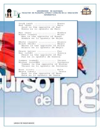 UNIVERSIDAD DE GUAYAQUIL 
FACULTAD DE FILOSOFÍA, LETRAS Y CIENCIAS DE LA EDUCACIÓN 
INFORMÁTICA 
UNIDA 2 DE INGLES BASICO 
 