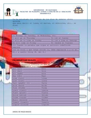 UNIVERSIDAD DE GUAYAQUIL 
FACULTAD DE FILOSOFÍA, LETRAS Y CIENCIAS DE LA EDUCACIÓN 
INFORMÁTICA 
Ya ha estudiado los nombres de los días de semana; ahora 
aprenda 
que para decir: el lunes, el martes, el miércoles, etc., se 
dice: 
on Monday, on Tuesday, on Wednesday, etc. 
I will go on Thursday ............. Yo iré el Jueves 
I will go to Lima on Sunday ....... Yo iré a Lima el Domingo 
He will come on Friday ............ El vendrá el Viernes 
(1) Cuando la palabra que sigue al artículo indefinido 
empieza 
con la vocal u que tenga sonido iu, debe emplearse a y no an. 
Ej.: a useful thing (N. del E.) 
PALABRAS CASI IGUALES 
Aprenda el grupo de palabras que va a continuación, cuya 
única diferencia consiste en que en la palabra inglesa la 
última letra está suprimida. 
Act (act) ................ Acto 
Air (éar) ................ Aire 
Art (áaRt) ............... Arte 
Ray (réi) ................ Rayo 
Line (lain) .............. Línea 
List (list) .............. Lista 
Part (páaRt) (1) ......... Parte 
Acid (ásid) .............. Acido 
Form (fóoRm) ............. Forma 
Limit (límit) ............ Límite 
Plant (plant) ............ Planta 
Solid (sólid) ............ Sólido 
Crime (craim) ............ Crimen 
Music (miúzik) ........... Música 
Insect (ínsect) .......... Insecto 
Liquid (lícuid) .......... Líquido 
UNIDA 2 DE INGLES BASICO 
 