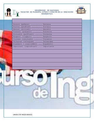 UNIVERSIDAD DE GUAYAQUIL 
FACULTAD DE FILOSOFÍA, LETRAS Y CIENCIAS DE LA EDUCACIÓN 
INFORMÁTICA 
Person (péRson) .......... Persona 
Porter (póoRteR) ......... Portero 
Secret (síicret) ......... Secreto 
Present (présent) ........ Presente 
Protestá (próUtest) ...... Protesta 
Respect (ríspect) ........ Respecto 
Violent (vaiolent) ....... Violento 
Telegram (télegram) ...... Telegrama 
Argument ( arguiumEnt) ... Argumento 
Important (impóoRtant) ... Importante 
UNIDA 2 DE INGLES BASICO 
