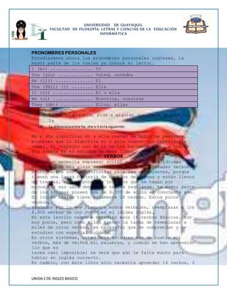 UNIVERSIDAD DE GUAYAQUIL 
FACULTAD DE FILOSOFÍA, LETRAS Y CIENCIAS DE LA EDUCACIÓN 
INFORMÁTICA 
PRONOMBRES PERSONALES 
Estudiaremos ahora los pronombres personales ingleses, la 
mayor parte de los cuales ya conoce el lector. 
I (ai) ................ Yo 
You (yúu) ............. Usted, ustedes 
He (jíi) .............. El 
She (SHíi) (1) ........ Ella 
It (it) ............... El o ella 
We (uí) ............... Nosotros, nosotras 
They (déi) ............ Ellos, ellas 
(1) Si le es posible, pida a alguien que hable inglés que 
le 
(2) La diferencia entre he, she e it es la siguiente: 
He y she significan él y ella cuando se habla de personas, 
mientras que it significa él o ella cuando nos referimos a 
cosas. El correcto uso de it se irá haciendo claro a medida 
que avance en el estudio de éste libro. 
UNIDA 2 DE INGLES BASICO 
VERBOS 
Cuando se necesita expresar acción o estado, los idiomas 
hacen uso de una clase especial de palabras llamadas verbos. 
Estos verbos son muy difíciles para los estudiantes, porque 
tienen una larga historia de cambios de formas y están llenos 
de trampas, no obstante los intentos que se hagan por 
encuadrar sus usos dentro de reglas regulares. La mayor parte 
de los idiomas poseen más de 4.000 de ellos en constante uso. 
El Inglés Básico tiene solamente 16 verbos. Estos pocos 
verbos, 
ayudados por lo que llamamos modos verbales, reemplazan a los 
4.000 verbos de uso común en el idioma inglés. 
En esta lección vamos a estudiar esos 16 verbos Básicos. Son 
muy pocos, pero como ellos tienen la tarea de reemplazar a 
miles de otros verbos, es necesario que se comprendan y se 
estudien con especial cuidado. 
En otros sistemas, usted debe estudiar más de cuatro mil 
verbos, más de veinte mil palabras, y cuando se han aprendido 
(lo que es 
tarea casi imposible) se verá que aún le falta mucho para 
hablar en inglés correcto. 
En cambio, con éste libro sólo necesita aprender 16 verbos, 2 
 