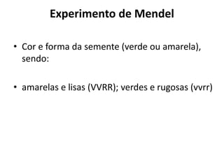 Experimento de Mendel
• Cor e forma da semente (verde ou amarela),
sendo:
• amarelas e lisas (VVRR); verdes e rugosas (vvrr)
 