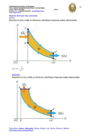 UNIVERSIDAD NACIONAL DE INGENIRIA
FACULTAD DE INGENIERIA INDUSTRIAL Y DE SISTEMAS
Curso: FISICA I CB 302U 2010 II
Profesor: Lic. JOAQUIN SALCEDO jmst5060@gmail.com
Tema: Segunda ley
Tipler-Mosca, Sears - Semansky, Serway, Benson, Lea - Burke, Ohanian - Markert
http://www.sc.ehu.es/sbweb/fisica
10
Motores térmicos más conocidos
OTTO
Describa el ciclo y halle su eficiencia, identifique máquinas reales relacionadas
1
1
1
r
DIESSEL
Describa el ciclo y halle su eficiencia, identifique máquinas reales relacionadas
 