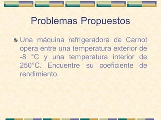 Problemas Propuestos
Una máquina refrigeradora de Carnot
opera entre una temperatura exterior de
-8 °C y una temperatura interior de
250°C. Encuentre su coeficiente de
rendimiento.
 