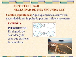ESPONTANEIDAD.
NECESIDAD DE UNA SEGUNDA LEY.
Cambio espontáneo: Aquél que tiende a ocurrir sin
necesidad de ser impulsado por una influencia externa.
ENTROPIA
INTRODUCION:
Es el grado de
desorden y de
caos que existe en
la naturaleza.
 