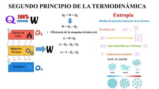 SEGUNDO PRINCIPIO DE LA TERMODINÁMICA
Q1 = W + Q2
W = Q1 – Q2
• Eficiencia de la maquina térmica (n)
n = W/ Q1
n = Q1 - Q2 / Q1
n = 1 – Q2 / Q1
Entropía
 