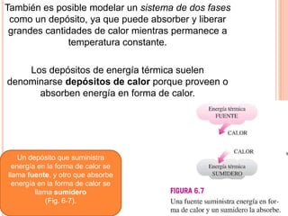 También es posible modelar un sistema de dos fases
como un depósito, ya que puede absorber y liberar
grandes cantidades de calor mientras permanece a
temperatura constante.
Los depósitos de energía térmica suelen
denominarse depósitos de calor porque proveen o
absorben energía en forma de calor.
Un depósito que suministra
energía en la forma de calor se
llama fuente, y otro que absorbe
energía en la forma de calor se
llama sumidero
(Fig. 6-7).
 