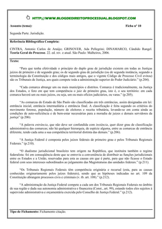 HTTP://WWW.BLOGDEDIREITOPROCESSUAL.BLOGSPOT.COM

Assunto (tema):                                                                           Ficha nº 10

Segunda Parte. Jurisdição.

Referência Bibliográfica Completa:

CINTRA, Antonio Carlos de Araújo; GRINOVER, Ada Pellegrini; DINAMARCO, Cândido Rangel.
Teoria Geral do Processo. 22. ed. rev. e atual. São Paulo: Malheiros, 2006.

Texto:

        “Para que tenha efetividade o princípio do duplo grau de jurisdição existem em todas as Justiças
juízos de primeiro e de segundo grau; os de segundo grau de jurisdição (ou de segunda instância, segundo a
terminologia da Constituição e dos códigos mais antigos, que o vigente Código de Processo Civil evitou)
são os Tribunais de Justiça, aos quais compete toda a administração superior do Poder Judiciário.” (p.204).

      “Cada comarca abrange um ou mais municípios e distritos. Comarca é tradicionalmente, na Justiça
dos Estados, o foro em que tem competência o juiz de primeiro grau, isto é, o seu território: em cada
comarca haverá um ou mais juízos, ou seja, um ou mais ofícios judiciários, ou varas.” (p.205).

        “As comarcas do Estado de São Paulo são classificadas em três entrâncias, assim designadas em lei:
entrância inicial, entrância intermediária e entrância final. A classificação é feita segundo os critérios do
movimento forense, população, número de eleitores e receita tributária, levando-se em conta ainda as
condições de auto-suficiência e de bem-estar necessárias para a moradia de juizes e demais servidores da
justiça” (p.206).

       “A palavra entrância, que não deve ser confundida com instância, quer dizer grau de classificação
administrativa das comarcas; não há qualquer hierarquia, de espécie alguma, entre as comarcas de entrância
diferente, tendo cada uma a sua competência territorial distinta das demais.” (p.206).

       “A Justiça Federal é composta pelos juízos federais de primeiro grau e pelos Tribunais Regionais
Federais.” (p.210).

        “O dualismo jurisdicional brasileiro tem origem na República, que instituíra também o regime
federalista: foi em conseqüência deste que se entreviu a conveniência de distribuir as funções jurisdicionais
entre os Estados e a União, reservadas para esta as causas em que é parte, para que não ficasse o Estado
federal com seus interesses subordinados ao julgamento das Magistraturas das unidades federais.” (p.211).

       “Os Tribunais Regionais Federais têm competência originária e recursal (esta, para as causas
conhecidas originariamente pelos juízes federais), sendo que as hipóteses indicadas no art. 109 da
Constituição abrangem processos civis e criminais (v. tb. art. 108).” (p.212).

       “A administração da Justiça Federal compete a cada um dos Tribunais Regionais Federais no âmbito
de sua região e dada sua autonomia administrativa e financeira (Const., art. 99), estando todos eles sujeitos à
supervisão administrativa e orçamentária exercida pelo Conselho de Justiça Federal.” (p.212).




Tipo de Fichamento: Fichamento citação.
 