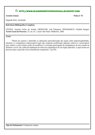HTTP://WWW.BLOGDEDIREITOPROCESSUAL.BLOGSPOT.COM

Assunto (tema):                                                                        Ficha nº 15

Segunda Parte. Jurisdição.

Referência Bibliográfica Completa:

CINTRA, Antonio Carlos de Araújo; GRINOVER, Ada Pellegrini; DINAMARCO, Cândido Rangel.
Teoria Geral do Processo. 22. ed. rev. e atual. São Paulo: Malheiros, 2006.

Texto:

       “Diante do exposto e abstraídas as aplicações particularizadas das regras sobre improrrogabilidade,
absoluta é a competência improrrogável (que não comporta modificação alguma); relativa é a prorrogável
(que, dentro e certos limites, pode ser modifica). E a locução prorrogação da competência, de uso comum na
doutrina e na lei, dá a idéia da ampliação da esfera de competência de um órgão judiciário, o qual recebe um
processo para o qual não seria normalmente competente.” (p.259).




Tipo de Fichamento: Fichamento citação.
 