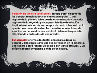 Relación de varios a varios (n,m). En este caso, ninguno de En este caso, ninguno de
los campos relacionados son claves principales. Cadalos campos relacionados son claves principales. Cada
registro de la primera tabla puede estar enlazado con variosregistro de la primera tabla puede estar enlazado con varios
registros de la segunda y viceversa. Este tipo de relaciónregistros de la segunda y viceversa. Este tipo de relación
implica la repetición de los campos de cada tabla; esto es loimplica la repetición de los campos de cada tabla; esto es lo
que Access pretende evitar. Para establecer relaciones deque Access pretende evitar. Para establecer relaciones de
este tipo, es necesario crear una tabla intermedia que estéeste tipo, es necesario crear una tabla intermedia que esté
relacionada con las dos de uno a varios.relacionada con las dos de uno a varios.
Por ejemplo:Por ejemplo: tenemos dos tablas una con los datos detenemos dos tablas una con los datos de
clientes y otra con los artículos que se venden en la empresa,clientes y otra con los artículos que se venden en la empresa,
una cliente podrá realizar un pedido con varios artículos, y ununa cliente podrá realizar un pedido con varios artículos, y un
artículo podrá ser vendido a más de un cliente.artículo podrá ser vendido a más de un cliente.
 