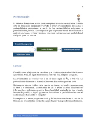 3
LIC. MARCO ANTONIO CUBILLO MURRAY
INTRODUCCIÓN
El teorema de Bayes se utiliza para incorporar información adicional cuando
ésta se encuentra disponible y ayuda a crear probabilidades revisadas o
probabilidades posteriores, a partir de las probabilidades originales o
probabilidades previas. Esto significa que es posible tomar datos nuevos o
recientes y, luego, revisar y mejorar nuestras estimaciones de probabilidad
antiguas para un evento.
Ejemplo
Consideremos el ejemplo de una taza que contiene dos dados idénticos en
apariencia. Uno, es legal (balanceado) y el otro está cargado (sesgado).
La probabilidad de obtener un 3 en el dado legal es 1
6⁄ , o 0.0166. La
probabilidad de lanzar el mismo número en el dado cargado es 0.60.
No tenemos idea de cuál es cada uno de los dados, pero seleccionamos uno
al azar y lo lanzamos. El resultado es un 3. Dada la pieza adicional de
información, ¿podemos encontrar la probabilidad (revisada) de que el dado
lanzado haya sido el legal? ¿podemos determinar la probabilidad de que el
dado lanzado haya sido el cargado?
La respuesta a estas preguntas es sí, y lo hacemos mediante el uso de la
fórmula de probabilidad conjunta según Bayes y la dependencia estadística.
Probabilidades previas
Información nueva
Probabilidades previasProceso de Bayes
 