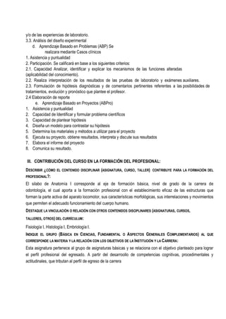 y/o de las experiencias de laboratorio.
3.3. Análisis del diseño experimental
d. Aprendizaje Basado en Problemas (ABP) Se
realizara mediante Casos clínicos
1. Asistencia y puntualidad
2. Participación. Se calificará en base a los siguientes criterios:
2.1. Capacidad Analizar, identificar y explicar los mecanismos de las funciones alteradas
(aplicabilidad del conocimiento).
2.2. Realiza interpretación de los resultados de las pruebas de laboratorio y exámenes auxiliares.
2.3. Formulación de hipótesis diagnósticas y de comentarios pertinentes referentes a las posibilidades de
tratamientos, evolución y pronóstico que plantee el profesor.
2.4 Elaboración de reporte
e. Aprendizaje Basado en Proyectos (ABPro)
1. Asistencia y puntualidad
2. Capacidad de Identificar y formular problema científicos
3. Capacidad de plantear hipótesis
4. Diseña un modelo para contrastar su hipótesis
5. Determina los materiales y métodos a utilizar para el proyecto
6. Ejecuta su proyecto, obtiene resultados, interpreta y discute sus resultados
7. Elabora el informe del proyecto
8. Comunica su resultado.
III. CONTRIBUCIÓN DEL CURSO EN LA FORMACIÓN DEL PROFESIONAL:
DESCRIBIR ¿CÓMO EL CONTENIDO DISCIPLINAR (ASIGNATURA, CURSO, TALLER) CONTRIBUYE PARA LA FORMACIÓN DEL
PROFESIONAL?:
El silabo de Anatomía I corresponde al eje de formación básica, nivel de grado de la carrera de
odontología, el cual aporta a la formación profesional con el establecimiento eficaz de las estructuras que
forman la parte activa del aparato locomotor, sus características morfológicas, sus interrelaciones y movimientos
que permiten el adecuado funcionamiento del cuerpo humano.
DESTAQUE LA VINCULACIÓN O RELACIÓN CON OTROS CONTENIDOS DISCIPLINARES (ASIGNATURAS, CURSOS,
TALLERES, OTROS) DEL CURRÍCULUM:
Fisiología I, Histología I, Embriología I.
INDIQUE EL GRUPO (BÁSICA EN CIENCIAS, FUNDAMENTAL O ASPECTOS GENERALES COMPLEMENTARIOS) AL QUE
CORRESPONDE LA MATERIA Y LA RELACIÓN CON LOS OBJETIVOS DE LA INSTITUCIÓN Y LA CARRERA:
Esta asignatura pertenece al grupo de asignaturas básicas y se relaciona con el objetivo planteado para lograr
el perfil profesional del egresado. A partir del desarroollo de competencias cognitivas, procedimentales y
actitudinales, que tributan al perfil de egreso de la carrera
 