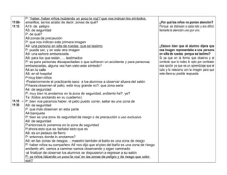 11:00-
11:15
11:15 –
11:30
P: “haber, haber niños /subiendo un poco la voz”/ que nos indican los símbolos
amarillos, se los acabo de decir, zonas de qué?
A19: de peligro
A3: de seguridad
P: de qué?
A9:zonas de precaución
P: que nos indican este primera imagen
A9: una persona en silla de ruedas que se lastimo
P: puede ser, y en esta otra imagen
A9: una señora embarazada
A9: para los que están….. lastimados
P: es para personas discapacitadas o que sufrieron un accidente y para personas
embarazadas, alguna vez han visto este símbolo?
A4:en la calle
A8: en el hospital
P:muy bien niños
-Posteriormente el practicante saco a los alumnos a observar afuera del salón
P:haora observen el patio, está muy grande no?, que zona seria
A4: de seguridad
P: muy bien lo anotamos en la zona de seguridad, anótenlo he?, ya?
Ta: /todos anotando en su cuaderno)
P: bien nos paramos haber, el patio puedo correr, saltar es una zona de
A9: de seguridad
P: que más observan en esta parte
A4:banqueta
P: bien es una zona de seguridad de riesgo o de precaución o uso exclusivo
A9: de seguridad
P:entonces lo ponemos en la zona de seguridad
P:ahora esto que es /señala/ esto que es
A8: es un pedazo de fierro
P: entonces donde lo anotamos?
A9: en las zonas de riesgos… maestro también el baño es una zona de riesgo
P: haber niños su compañero A9 nos dijo que el piso del baño es una zona de riesgo
anótenlo ahí, vamos a caminar vamos observando y sigan caminado
-al finalizar de observar los alumnos se dispusieron a regresar a su salón
P: ya niños /alzando un poco la voz/ en las zonas de peligro y de riesgo que color
son?
¿Por qué los niños no ponían atención?
Porque se distraían a cada rato y era difícil
llamarle la atención uno por uno
¿Estuvo bien que el alumno dijera que
esa imagen representaba a una persona
en silla de ruedas porque se lastimo?
Si ya que en la forma que observo y el
contexto que lo rodeo lo opto por contestar
esa opción ya que es un aprendizaje que el
tubo y lo relaciono con la imagen para que
este diera su posible respuesta
 