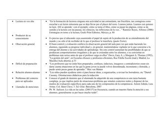 • Lectura en voz alta
• Productor de su
conocimiento
• Obsevación general
• Déficit de preparación
• Relación alumno-alumno
• Problemas del contexto
para ser aplicados
• Llamadas de atenciones
• “En la formación de lectores ninguna otra actividad es tan estimulante, tan fructífera, tan contagiosa como
escuchar a un lector entusiasta que se deja llevar por el placer del texto. Leamos juntos. Leamos con quienes
no leen. Allí se aprende –con el ejemplo- cómo se toma el libro, cómo se pasan las páginas, cómo se da
sentido a la lectura con las pausas, los silencios, las inflexiones de la voz... ” Ramírez Reyes, Alfonso (2006)
Estrategias en torno a la lectura, Grafo Print Editores, México, p. 84
• Es preciso que el educando vaya asumiendo el papel de sujeto de la producción de su entendimiento del
mundo y no sólo el de recibidor de lo que el profesor le transfiera. (paulo Freire).
• El buen control y evaluación conlleva la observación general del aula para ver qué están haciendo los
alumnos, siguiendo su progreso individual y, en general, manteniéndose vigilante en lo que concierne a la
entrega del alumno a las actividades de aprendizaje. Sin este control aumentan las posibilidades de que se
produzcan comportamientos irregulares y de que se extiendan entre los alumnos, o se conviertan en
problemas más serios antes de que el profesor caiga en ellos”.Davis, Gary A. y Margaret A. Thomas (1992),
“La gestión del aula”, en Escuelas eficaces y profesores eficientes, Roc Filella Escolà (trad.), Madrid, La
Muralla (Aula abierta), p.33
• “Los profesores que no están bien preparados, confusos, indecisos, inseguros y contradictorios crean sin
darse cuenta situaciones en las que la gente joven se puede volver desordenada, inconstante y distraída, y
puede sentir pocas ganas de aprender.” Max van Manen
• “Los niños pueden ayudarse entre sí para buscar ideas, a organizarlas, a revisar los borradores, etc.”Daniel
Cassany. Orientaciones didácticas para la redacción
• Conocer el grado de dominio que el alumnado ha adquirido de una competencia es una tarea bastante
compleja, ya que implica partir de situaciones-problema que simulen contextos reales y disponer de los
medios de evaluación específicos para cada uno de los componentes de la competencia. Antoni Zabala, Laia
Arnau. Col. Ideas Clave, 3. Ed. Graó. Barcelona, 2007
• Ph. W. Jackson. La vida en las aulas. (2001)”Con frecuencia, cuando un maestro llama la atención a sus
alumnos, generalmente es por hacer mucho ruido”.
 