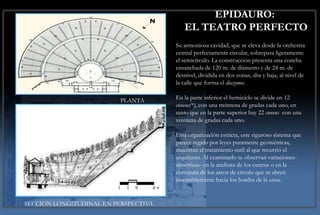 EPIDAURO:
                                         EL TEATRO PERFECTO
                                      Su armoniosa cavidad, que se eleva desde la orchestra
                                      central perfectamente circular, sobrepasa ligeramente
                                      el semicírculo. La construcción presenta una concha
                                      ensanchada de 120 m. de diámetro y de 24 m. de
                                      desnivel, dividida en dos zonas, alta y baja, al nivel de
                                      la calle que forma el diazoma.

                          PLANTA      En la parte inferior el hemiciclo se divide en 12
                                      cuneus(*), con una treintena de gradas cada uno, en
                                      tanto que en la parte superior hay 22 cuneus con una
                                      veintena de gradas cada uno.

                                      Esta organización estricta, este riguroso sistema que
                                      parece regido por leyes puramente geométricas,
                                      muestran el tratamiento sutil al que recurrió el
                                      arquitecto. Al examinarlo se observan variaciones-
                                      simétricas- en la anchura de los cuneus o en la
                                      curvatura de los arcos de circulo que se abren
                                      insensiblemente hacia los bordes de la cavea.


SECCION LONGITUDINAL EN PERSPECTIVA
 