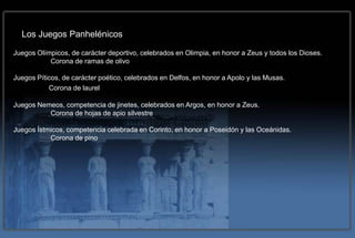 Los Juegos Panhelénicos

Juegos Olímpicos, de carácter deportivo, celebrados en Olimpia, en honor a Zeus y todos los Dioses.
           Corona de ramas de olivo

Juegos Píticos, de carácter poético, celebrados en Delfos, en honor a Apolo y las Musas.
           Corona de laurel

Juegos Nemeos, competencia de jinetes, celebrados en Argos, en honor a Zeus.
          Corona de hojas de apio silvestre

Juegos Ístmicos, competencia celebrada en Corinto, en honor a Poseidón y las Oceánidas.
           Corona de pino
 