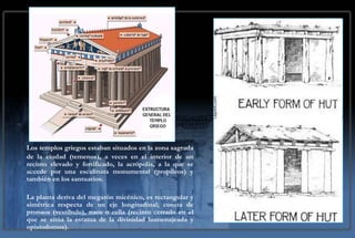Los templos griegos estaban situados en la zona sagrada
de la ciudad (temenos), a veces en el interior de un
recinto elevado y fortificado, la acrópolis, a la que se
accede por una escalinata monumental (propileos) y
también en los santuarios.

La planta deriva del megarón micénico, es rectangular y
simétrica respecta de un eje longitudinal; consta de
pronaos (vestíbulo), naos o cella (recinto cerrado en el
que se sitúa la estatua de la divinidad homenajeada y
opistodomos).
 