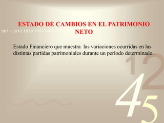 421
0011 0010 1010 1101 0001 0100 1011
ESTADO DE CAMBIOS EN EL PATRIMONIO
NETO
Estado Financiero que muestra las variaciones ocurridas en las
distintas partidas patrimoniales durante un período determinado.
 