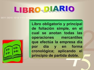 421
0011 0010 1010 1101 0001 0100 1011
Libro obligatorio y principal
de foliación simple, en el
cual se anotan todas las
operaciones mercantiles
que efectúa la empresa día
por día y en forma
cronológica; aplicando el
principio de partida doble.
 