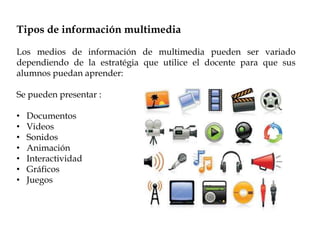 Tipos de información multimedia
Los medios de información de multimedia pueden ser variado
dependiendo de la estratégia que utilice el docente para que sus
alumnos puedan aprender:
Se pueden presentar :
• Documentos
• Videos
• Sonidos
• Animación
• Interactividad
• Gráficos
• Juegos
 