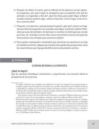 EDUCACIÓN PREESCOLAR • GUÍA DE TRABAJO 17 
b) Después de relatar el cuento, guíe la reflexión de los alumnos con las siguien-tes 
preguntas: ¿por qué el ogro no consiguió lo que se proponía? ¿Por qué los 
animales no respondían a Rurrún? ¿Qué hizo Rosa para poder llegar al Búho? 
Cuando nosotros pedimos algo, ¿cómo lo hacemos: como el ogro, como el ra-tón 
o como la niña?1 
c) Pregunte a sus alumnos: ¿qué personaje les gustó?, ¿por qué? ¿Cómo se imagi-nan 
que Rosa les preguntó a los animales para lograr encontrar al búho? Motí-velos 
para que den ejemplos: les llamó por su nombre, les dio las gracias, les dijo 
por favor, etc. Practique con los niños cómo sería la forma correcta de pedir las 
instrucciones a los animales para encontrar al búho2. 
d) Para concluir, usted puede ir anotando lo que mencionen sus alumnos en un hoja 
de rotafolio con letras y dibujos para hacerlo más significativo porque éstas serán 
las características que el grupo identificó como comunicación asertiva. 
ACTIVIDAD 2 
CONOCIENDO LA EMPATÍA 
¿Qué se logra? 
Que los alumnos identifiquen sentimientos y experimenten una situación desde la 
perspectiva de otra persona. 
1 Se sugiere al docente que considere esta explicación: el ogro no consiguió lo que quería porque se 
enojaba y pedía lo que necesitaba de mal modo a los animales. Al ratoncito, por no hablar con fuerza 
y seguridad, los animales no lo escucharon. Ambos personajes no fueron asertivos en su forma de co-municarse. 
Por otro lado, Rosa logró su objetivo porque, al solicitar información a los animales, lo hizo 
de una forma cordial y respetuosa; ella fue asertiva. 
Si le interesa conocer más acerca del tema, lo invitamos a consultar S. Maurin, Educación emocional 
y social en la escuela. Un nuevo paradigma, estrategias y experiencias, Bonum, Buenos Aires, 2013. 
2 El docente puede explicar a los alumnos que el ogro no consiguió lo que quería porque se enojaba y 
pedía lo que necesitaba de mal modo a los animales. El ratoncito, al no hablar con fuerza y seguridad, 
los animales no lo escucharon. Ambos animales no fueron asertivos en su forma de comunicarse. Por 
otro lado Rosa logro su objetivo porque, al solicitar información a los animales, lo hizo de una forma 
cordial y respetuosa; ella fue asertiva. Si le interesa conocer más del tema lo invitamos a consultar a 
Maurin, S. (2013) Educación emocional y social en la escuela. Un nuevo paradigma, estrategias y experien-cias. 
1ª. Ed. Buenos Aires: Bonum. 
 