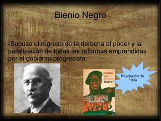 Bienio Negro
-Supuso el regreso de la derecha al poder y la
paralización de todas las reformas emprendidas
por el gobierno progresista.
Revolución de
1934