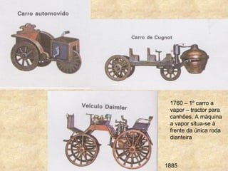 1760 – 1º carro a
 vapor – tractor para
 canhões. A máquina
 a vapor situa-se à
 frente da única roda
 dianteira



1885
 