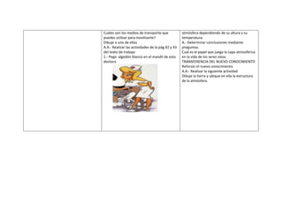 Cuáles son los medios de transporte que            atmósfera dependiendo de su altura y su
puedes utilizar para movilizarte?                  temperatura.
Dibuje a uno de ellos                              A.- Determinar conclusiones mediante
A.A.- Realizar las actividades de la pág.42 y 43   preguntas.
del texto de trabajo                               Cuál es el papel que juega la capa atmosférica
1.- Pega algodón blanco en el mandil de esta       en la vida de los seres vivos.
doctora                                            TRANSFERENCIA DEL NUEVO CONOCIMIENTO
                                                   Reforzar el nuevo conocimiento
                                                   A.A.- Realizar la siguiente actividad
                                                   Dibuje la tierra y ubique en ella la estructura
                                                   de la atmósfera.
 