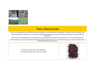 Tipos o Clases de Suelo
El suelo es una compleja mezcla de material rocoso fresco y erosionado, de minerales disueltos y redepositados, y de restos de cosas en otro tiempo vivas.
  Estos componentes son mezclados por la construcción de madrigueras de los animales, la presión de las raíces de las plantas y el movimiento del agua
                                                                   subterránea.
   El tipo de suelo, su composición química y la naturaleza de su origen orgánico son importantes para la agricultura y, por lo tanto, para nuestras vidas.
Existen muchos tipos de suelos, dependiendo de la textura que posean. Se define textura como el porcentaje de arena, limo y arcilla que contiene el suelo y
                                                        ésta determina el tipo de suelo que será.




                      Suelo arenoso es ligero y filtra el agua rápidamente.
                     Tiene baja materia orgánica por lo que no es muy fértil.
 