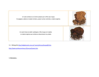 Un suelo arcilloso es un terreno pesado que no filtra casi el agua.
              Es pegajoso, plástico en estado húmedo y posee muchos nutrientes y materia orgánica.




                   Un suelo limoso es estéril, pedregoso y filtra el agua con rapidez.
                     La materia orgánica que contiene se descompone muy rápido.




3.1.- Bibliografía:http://adigital.pntic.mec.es/~aramo/lectura/lecpeq09.htm

http://www.profesorenlinea.cl/Ciencias/Suelos.htm




4.-Estructura.-
 