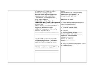 A.- Descomponer la oración formada e            suelos.
identificar la palabra generadora                TRANSFERENCIA DEL CONOCIMIENTO
Separar en sílabas la palabra generadora.       -Exponer las clases de suelos y las
Realizar ejercicios de la serie silábica.       características de cada uno.
S.- Recomponer la palabra generadora y
formar nuevas oraciones                         AA Resolver las tareas
Escribir cada oración en el pizarrón
TRANSFERENCIA DEL NUEVO CONOCIMIENTO            1.- ¿Cómo se forma el humus y por qué es
Corregir errores                                importante para los suelos?
Reforzar el nuevo conocimiento mediante la
formulación de nuevas oraciones.                2.- Escribe las clases de suelos.
A.A.-Escribir 5 palabras con el fonema f y
realizar su respectivo dibujo                   3.- Completa
…………………………………………………………………….                     -El suelo humífero es de color……………..
…………………………………………………………………….                     -El suelo calcáreo es de color……………….
…………………………………………………………………….                     -En el suelo arenoso podemos
                                                cultivar………………………
2.- De las palabras anteriormente escritas      -En el suelo arcilloso se
formule escoja una de ellas y formule una       siembra…………………………..
oración con los fonemas que Ud. conoce
                                                4.- Dibuja los alimentos que podemos cultivar
…………………………………………………………………                       en el suelo humitero.
3.- Escriba 3 palabras que tengan el fonema f
………………………………………………………………….
…………………………………………………………………...
……………………………………………………………………
 