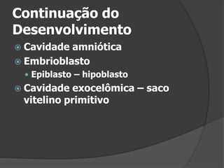 Continuação do DesenvolvimentoCavidade amnióticaEmbrioblastoEpiblasto – hipoblastoCavidade exocelômica – saco vitelino primitivo