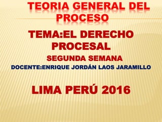 TEORIA GENERAL DEL
PROCESO
TEMA:EL DERECHO
PROCESAL
SEGUNDA SEMANA
DOCENTE:ENRIQUE JORDÁN LAOS JARAMILLO
LIMA PERÚ 2016
 